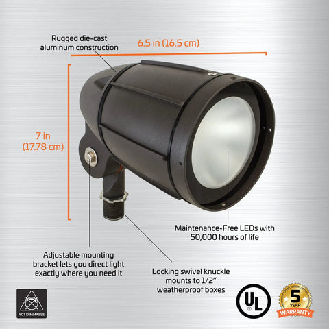 Bronze 12W Outdoor LED Flood Light Weatherproof Exterior Fixture With Adjustable Mounting Bracket displayed with product features