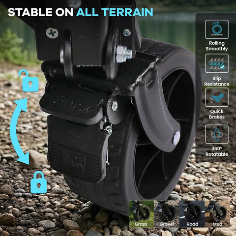 Close-up of all terrain wheel with lock, part of the Extra Long Collapsible Wagon With Tailgate, 400 lb Capacity for camping use.