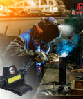 Worker using Dual LED Welding Headlamp Mount For Helmets And Hard Hats, Rechargeable Clip On Hood Light in auto body shop.