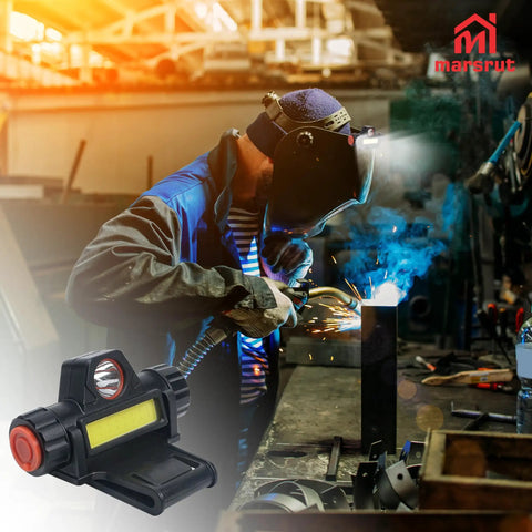 Worker using Dual LED Welding Headlamp Mount For Helmets And Hard Hats, Rechargeable Clip On Hood Light in auto body shop.