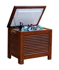 Wooden Patio Cooler With Eucalyptus Exterior And Double Wall Insulation Fully Assembled Ready For Backyard BBQ Sessions Side Carry Handles Durable Outdoor Party Cooler with open lid showing beverages.