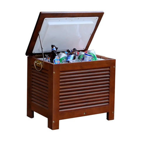 Wooden Patio Cooler With Eucalyptus Exterior And Double Wall Insulation Fully Assembled Ready For Backyard BBQ Sessions Side Carry Handles Durable Outdoor Party Cooler with open lid showing beverages.