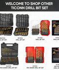Various drill bit sets including a 230 Piece Titanium Coated Drill Bit Set With 135 Degree Tip Pro Grade HSS Drill Bits Kit.