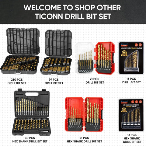 Various drill bit sets including a 230 Piece Titanium Coated Drill Bit Set With 135 Degree Tip Pro Grade HSS Drill Bits Kit.