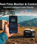 Person using phone app to monitor Portable Power Station 2048Wh LiFePO4 Battery Solar Generator near a camping tent
