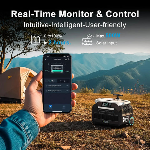 Person using phone app to monitor Portable Power Station 2048Wh LiFePO4 Battery Solar Generator near a camping tent