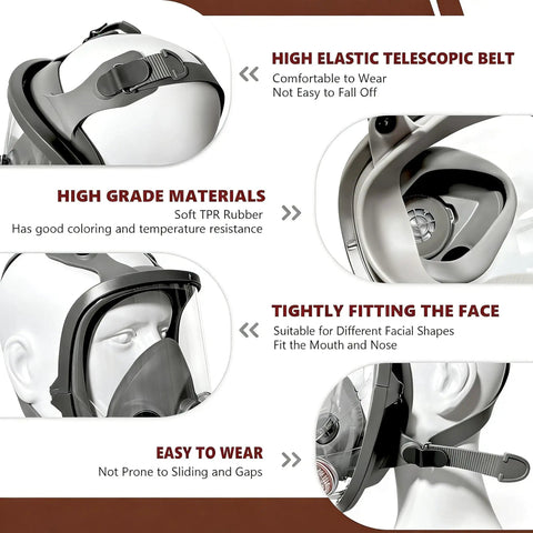 Full Face Gas Mask With Activated Carbon Filters For Gases And Organic Vapors And Chemicals Reusable Silicone Respirator Mask For Spray Painting Sanding Industry Work Heavy Duty Pro Grade Comfort All Day Fit With Adjustable Head Straps showing adjustable straps, mask fitting, and material details.