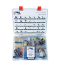Electronics Starter Kit With Step By Step Video Lessons For Beginners Arduino Compatible Board Sensors LEDs And Servos Learn Electronics And Coding Through Hands On Projects And Real World Tutorials shown in an open box with components.