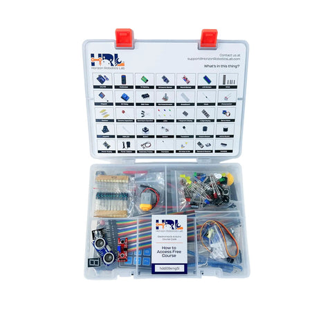 Electronics Starter Kit With Step By Step Video Lessons For Beginners Arduino Compatible Board Sensors LEDs And Servos Learn Electronics And Coding Through Hands On Projects And Real World Tutorials shown in an open box with components.