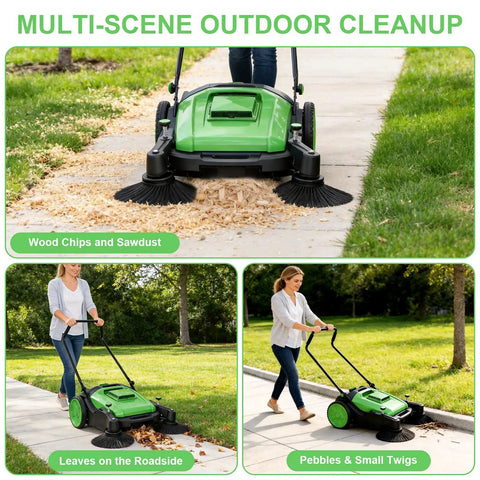 Grab A No Hook Walk-Behind Floor Sweeper With Fourty Two Sweep Width And 15 Gallon Hopper Capacity Perfect For Clearing Warehouses And Driveways Fast Without Needing Any Power Electricity Gasoline Or Batteries Just Push And Go To Keep Your Space Super