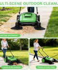 42 Inch Walk Behind Manual Floor Sweeper With 15 Gallon Waste Container And Wide Side Brushes For Garage Warehouse Yard Cleanup Heavy Duty Human Powered Build So You Can Sweep Floors With Zero Sweat Daily in use collecting wood chips and sawdust.
