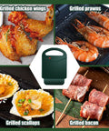 Compact Electric Sandwich Maker And Grill Press For Perfect Grilled Cheese with grilled chicken wings, prawns, scallops, and bacon.