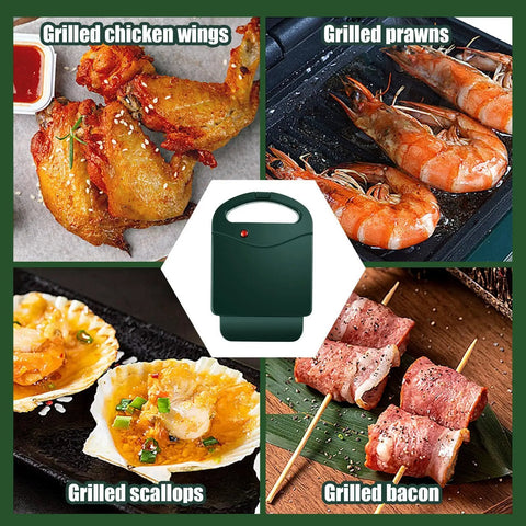 Compact Electric Sandwich Maker And Grill Press For Perfect Grilled Cheese with grilled chicken wings, prawns, scallops, and bacon.