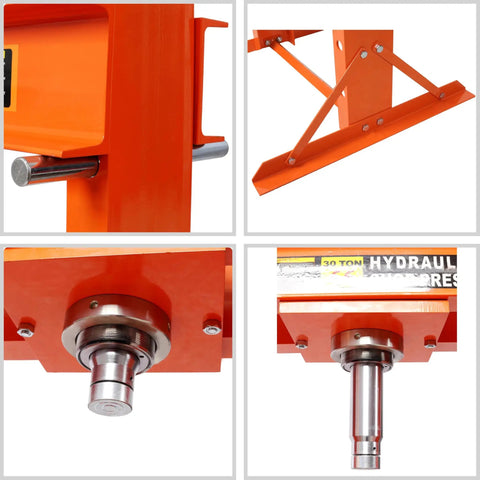 30 Ton Hydraulic Shop Press With Adjustable H Frame And Gauge, Dual Pump, Steel Construction, close-up components, orange