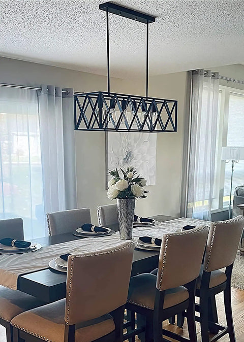 Rectangular Industrial Chandelier For Dining Room With Six E26 Lights, Black Metal Frame And Grille, Farmhouse Style over dining table