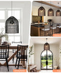 Arturesthome 3-Light Rattan Woven Bell Pendant Light for Dining Room Black hanging in dining room with wooden table.