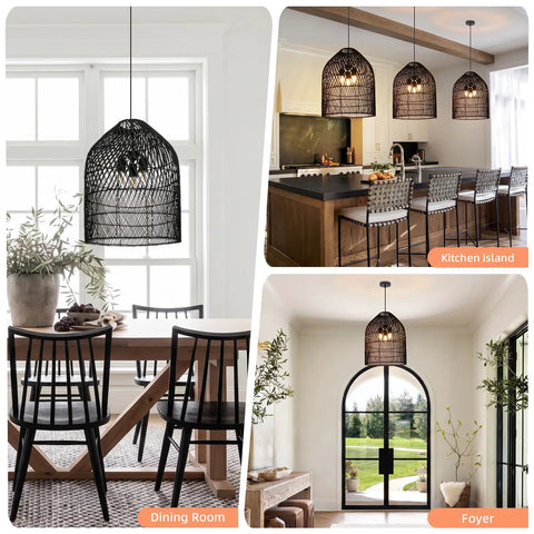 Arturesthome 3-Light Rattan Woven Bell Pendant Light for Dining Room Black hanging in dining room with wooden table.