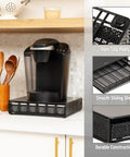 36 Pod Single Serve Coffee Pod Drawer Organizer For Your Countertop With Removable Dividers, Metal Build With A Slick Black Finish, Smooth Glide Drawer For Easy Coffee Station Setup displayed under a coffee maker with focus on non-slip pads, smooth sliding shelf, and durable construction.