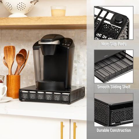 36 Pod Single Serve Coffee Pod Drawer Organizer For Your Countertop With Removable Dividers, Metal Build With A Slick Black Finish, Smooth Glide Drawer For Easy Coffee Station Setup displayed under a coffee maker with focus on non-slip pads, smooth sliding shelf, and durable construction.