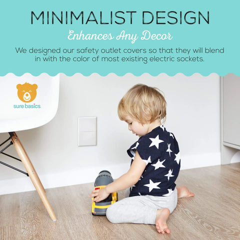 Toddler playing near wall with 12 Pack Outlet Covers Baby Proofing Bigger Size For Safer Sockets Keeps Toddlers Safe No Joke on visible socket