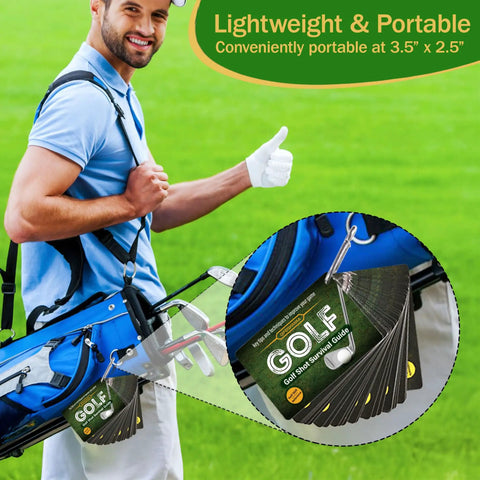 Man with golf bag, highlighting Pocket Sized Golf Reference Cards Durable PVC Cards With Tips For Iron Shots On The Go Dope Gift