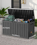 90 Gallon Waterproof Deck Box With Lockable Lid For Patio Storage Cushions Pool Gear Garden Tools And Packages Weatherproof Resin Outdoor Storage Bench, open on a patio with tools inside, measurements labeled.