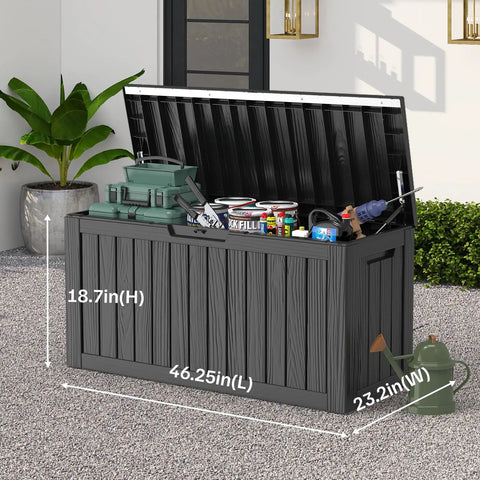 90 Gallon Waterproof Deck Box With Lockable Lid For Patio Storage Cushions Pool Gear Garden Tools And Packages Weatherproof Resin Outdoor Storage Bench, open on a patio with tools inside, measurements labeled.