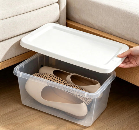 Top Tier Clear Plastic Storage Containers With Tight Snap On Lids Set Of Ten Real Deal Organizers For Home Closets Kitchen Pantry And Garage Must Haves, clear bin storing shoes under bed.
