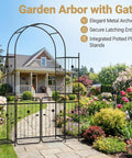 Front view of 87 Inch Metal Garden Arch With Lockable Gate And Side Shelves Built Tough Arbor Trellis for outdoor spaces.