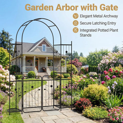 Front view of 87 Inch Metal Garden Arch With Lockable Gate And Side Shelves Built Tough Arbor Trellis for outdoor spaces.