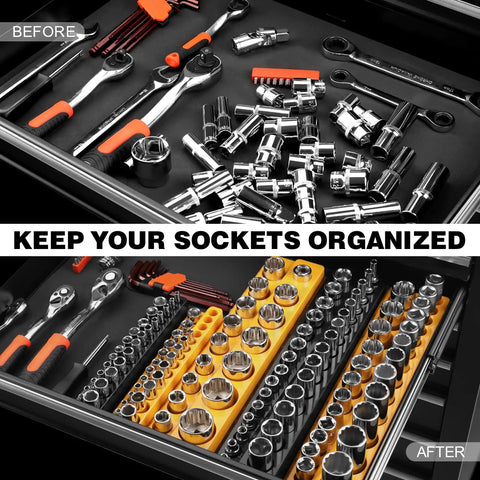 Magnetic Socket Organizer Set For Toolbox Drawer 6pc Includes 3 Metric And 3 SAE Magnetic Holders For One Quarter, Three Eighths, And One Half Inch Drive Sockets, Quick Access Tray For Pro And DIY Grab And Go, showing before and after organization.