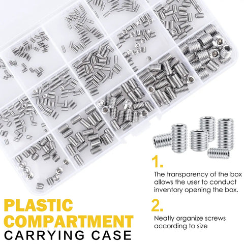 440Pcs Metric Set Screw Kit Tough Stainless Steel Hex Allen Head Grub Screws M2.5 To M8 With 6 Hex Keys in plastic case
