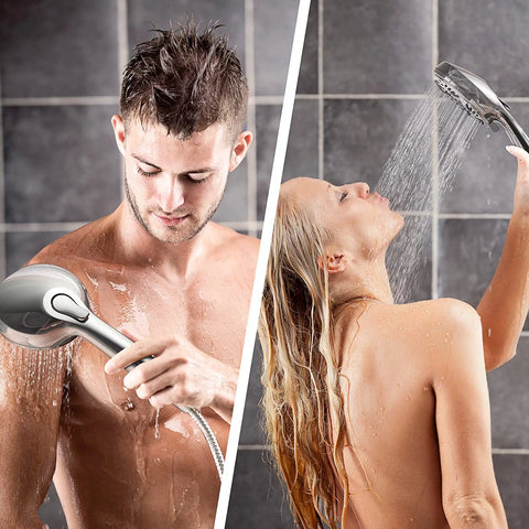 Two people using the High Pressure 9 Settings Detachable Power Wash Handheld Showerhead With Extra Long Hose Chrome Finish for a dope shower experience.