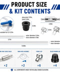 Two Pack Brake Bleeder Hose Kit contents and dimensions for cars and motorcycles with one-way valve, clips, and rubber caps