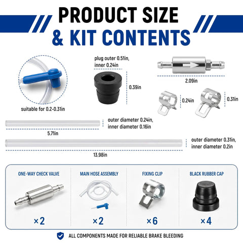Two Pack Brake Bleeder Hose Kit contents and dimensions for cars and motorcycles with one-way valve, clips, and rubber caps