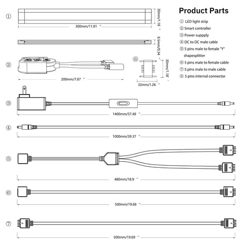 Product parts diagram for Under Cabinet Lighting Kit With Voice Control And App, LED Bar Lights, connectors and dimensions.