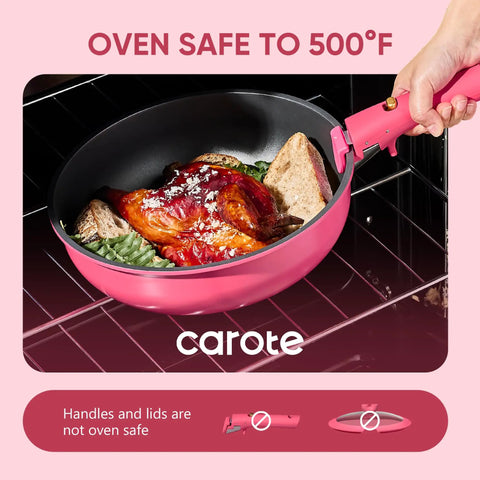 Pink pan from 15 Piece Nonstick Pots And Pans Set With Detachable Handle For Induction Cooktop, Oven And Dishwasher Safe