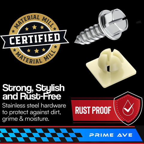 Top Tier Stainless Steel License Plate Screws Bolted Up With Heavy Duty Nylon Inserts for rust proof mounting, hex head detail.
