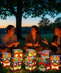 Group gathered around 12 Pcs Hawaiian Luau Tiki Totem Gift Boxes With LED Lights For Outdoor Indoor Party Decor Vibrant Tropical Aloha Themed Gift Boxes For Tiki Bar Beach Parties And Survivor Themed Celebrations