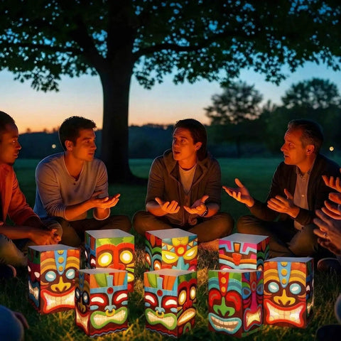 Group gathered around 12 Pcs Hawaiian Luau Tiki Totem Gift Boxes With LED Lights For Outdoor Indoor Party Decor Vibrant Tropical Aloha Themed Gift Boxes For Tiki Bar Beach Parties And Survivor Themed Celebrations