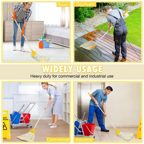 Heavy Duty Cotton Mop With 59 Inch Handle for industrial and home floors, shown used in various settings for cleaning.