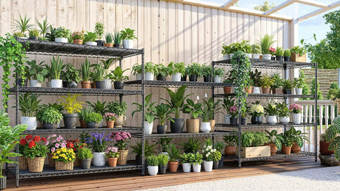 Beefy Five Tier Heavy Duty Wire Shelving System For Garage And Workshop Storage, 3500 Lbs Total Load Capacity, Rolling Wire Rack With Adjustable Shelf Heights, 60 Inch Wide By 24 Inch Deep By 72 Inch High with potted plants