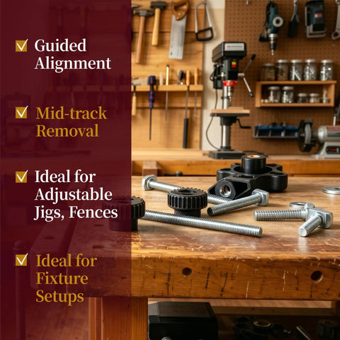 Drop-In T-Slot Bolts Hardware Kit With 60 Pieces, Knobs And Washers For T-Track Aluminum Jigs And Fixtures on a workbench