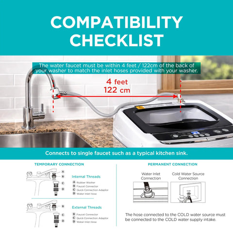 Compact Portable Washer That Hits Different With 0.9 Cubic Feet Capacity And Five Quick Wash Cycles For Absolutely No Sweat Apartment Laundry Cleanup In Bright White Finish installation compatibility checklist with faucet connection details.