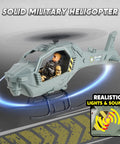 Solid military helicopter from the Ultimate Military Base Toys Set with light and sound features and action figure.