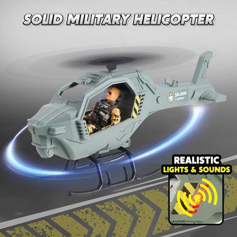 Solid military helicopter from the Ultimate Military Base Toys Set with light and sound features and action figure.