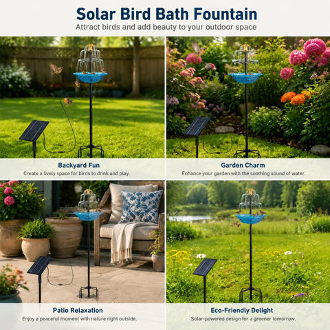 Sun-Powered Bird Bath Fountain With External Solar Panel And Copper Cleaner, Self-Cleaning Outdoor Water Feature shown in garden settings.