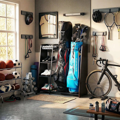 Golf Bag Storage Organizer For Garage Holds Two Golf Bags With Ball Storage Basket Keeps Gear Neat And Ready To Roll In Garage