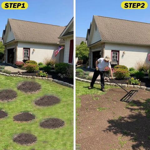 Garden before and after using Rugged 30 Inch By 10 Inch Lawn Leveling Rake With Adjustable Long Handle And High Carbon Steel Blade.