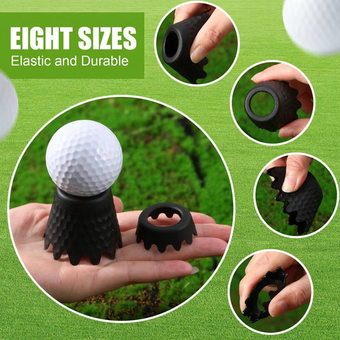 Eight Piece Golf Tees Set For Indoor Simulator And Practice Mat Plastic Tees With Consistent Height From Quarter Inch To Two Inches In Quarter Inch Steps Flexible Durable Polymer For Steady Swings And Realistic Driving Range displayed in use with golf ball.